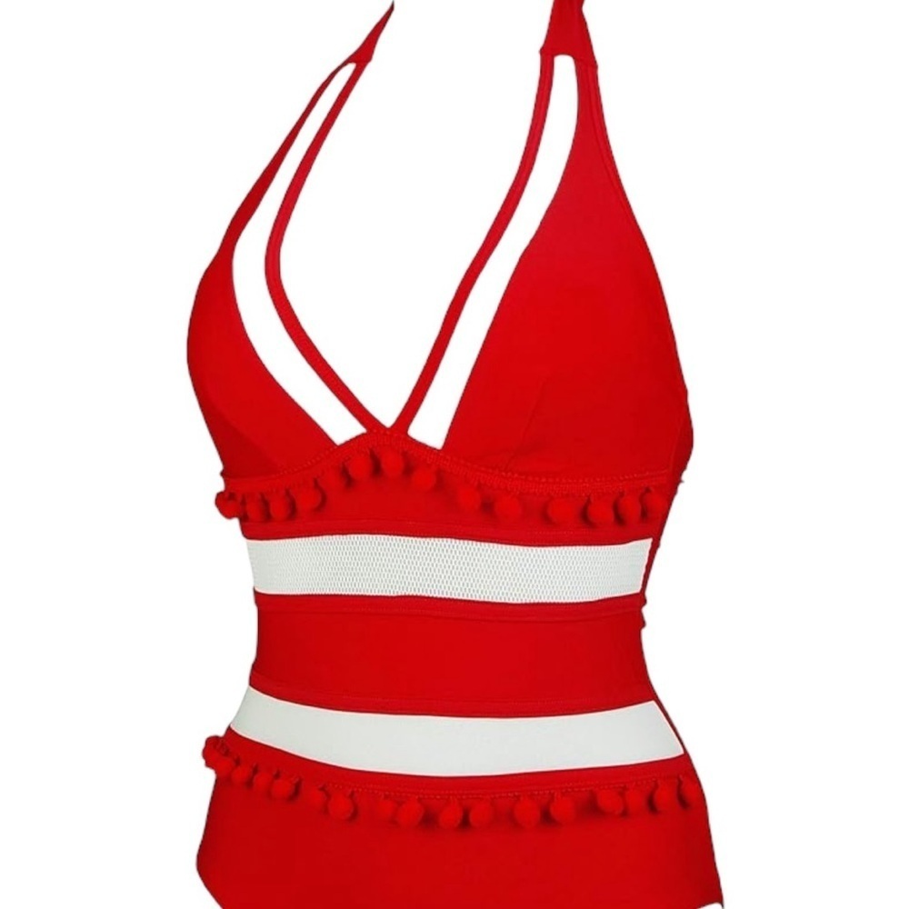 Red and White Plunging Neck Halter Mesh Pom Pom Tassel One Piece Swimsuit Size - Picture 2 of 11